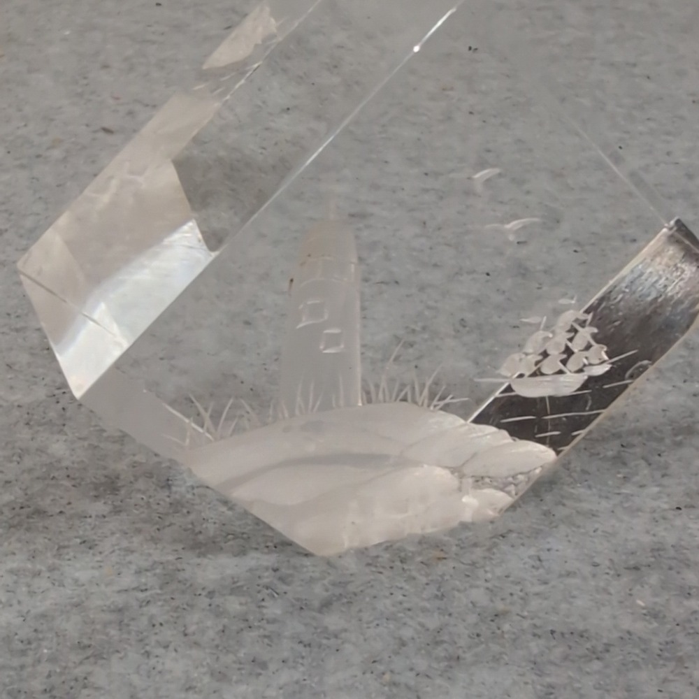 Vtg Intaglio Etched Nautical Lighthouse Ship Clear Cube Paperweights Set of 2 - Picture 2 of 5